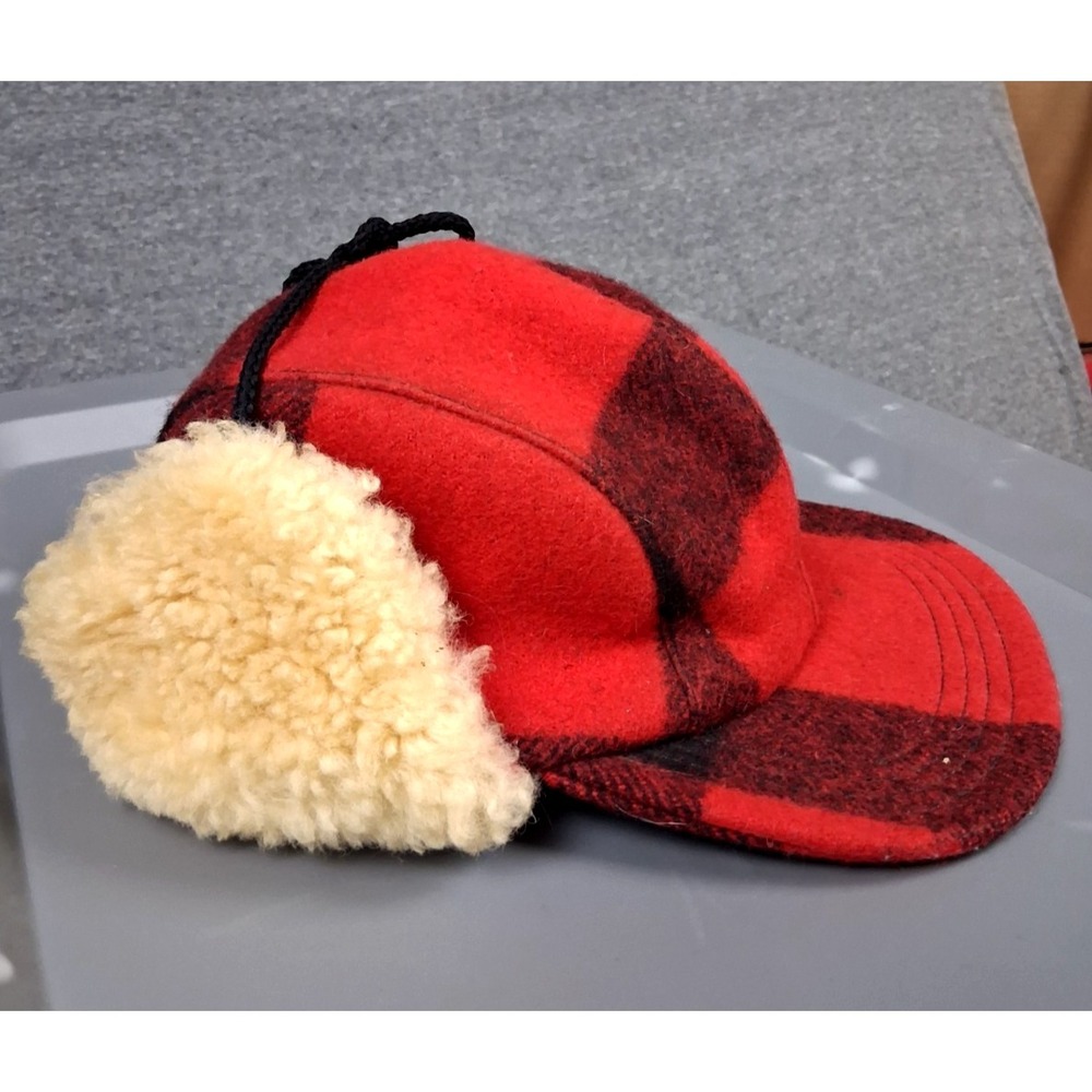 Filson Trapper Hat Adult M Red Buffalo Plaid Double Mackinaw Wool US 70s 80s VTG
